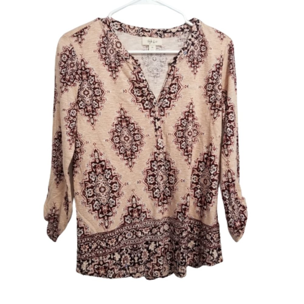 Style & Co Women’s Boho Tunic Cream Tan XS Split Neck Mixed Print New - Picture 2 of 13